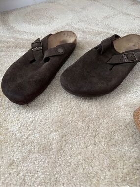 Birkenstock Brown Suede Buckle Clogs